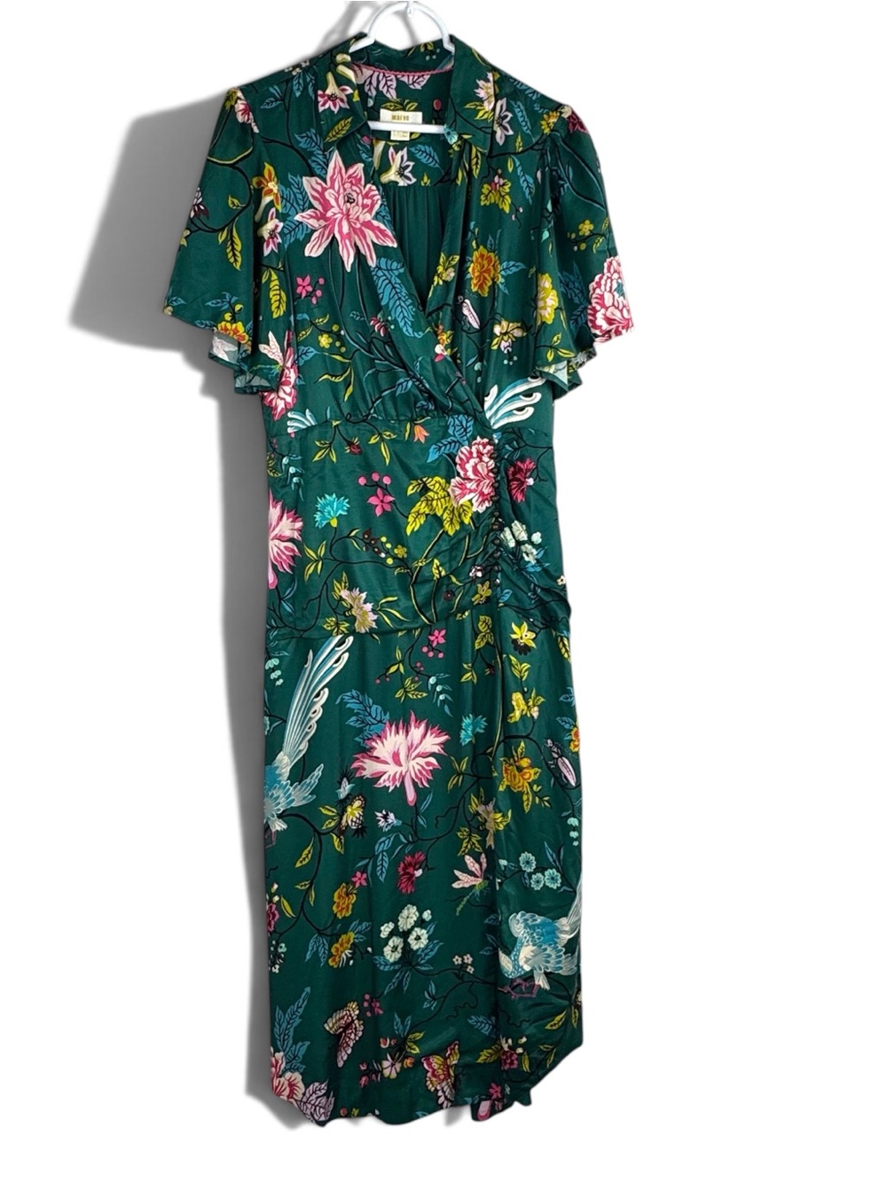 Maeve by Anthropologie Buttonfront Shirt Dress Green Botanical Birds Size 12 - Picture 2 of 16